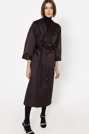 Silk female wrap coat in brown