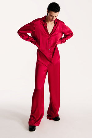 Women silk pajama fluid set in cherry red